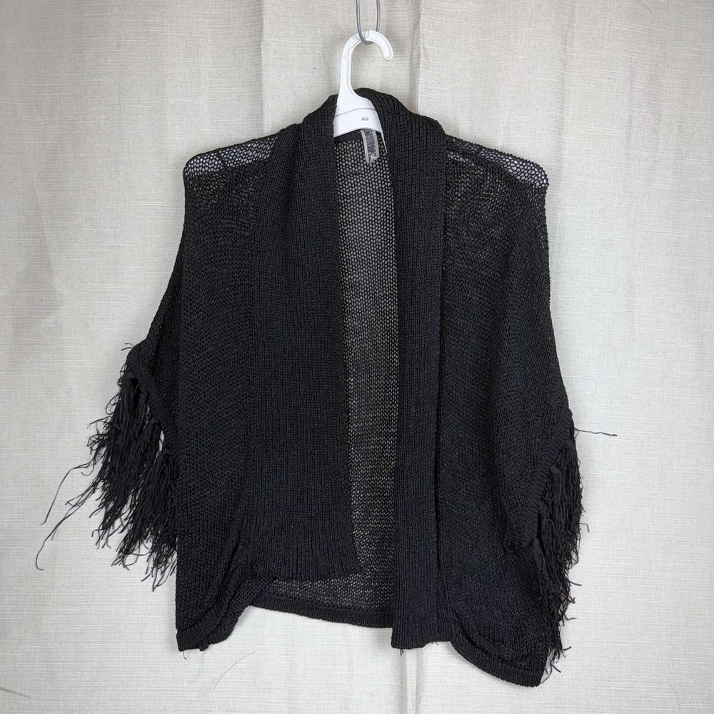 BKE Sweater Vest Womens Large Black Open Knit Fringe Boho Sheer Cardigan